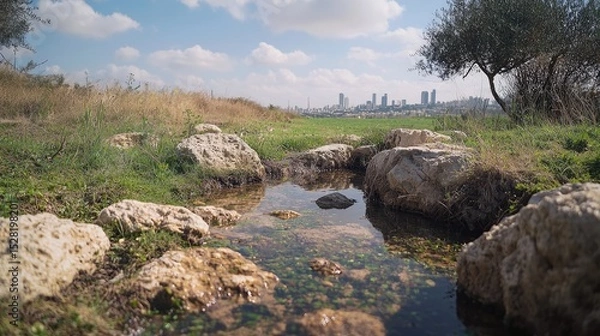 Obraz Shallow stream bordered by rocks in a grassy area.