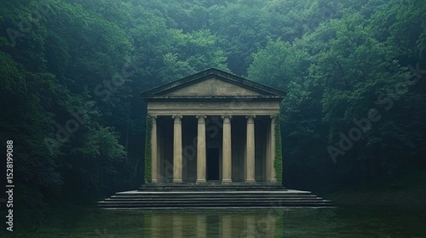 Obraz Ancient stone temple reflecting in still water amidst a misty forest.