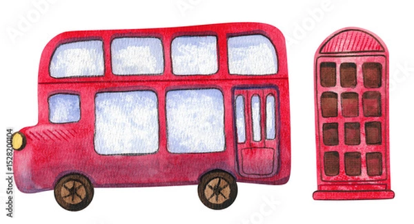 Fototapeta Festive collection of hand-painted watercolor elements with British symbols. Big Ben, Abbey Road sign, double-decker bus, telephone box, tea set. Illustrations isolated on white background