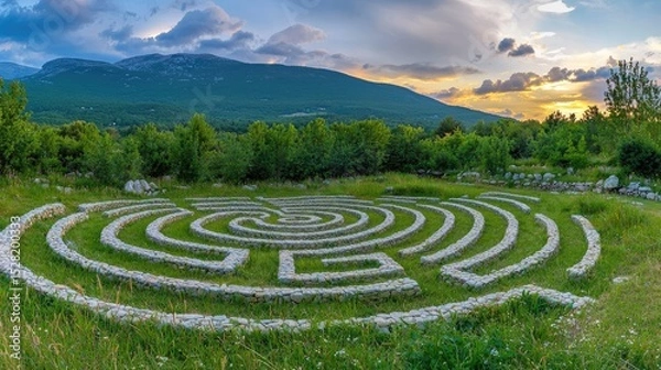 Obraz Stone maze in a grassy field under a sunset sky.