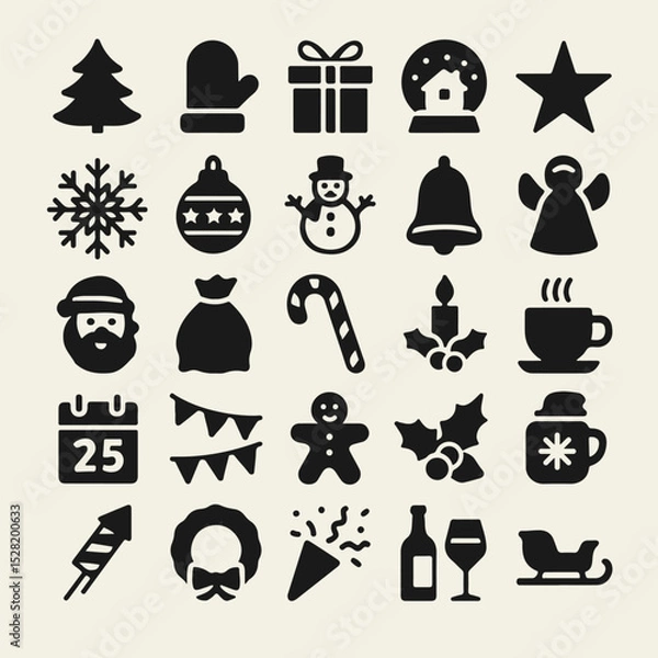 Fototapeta Set of 25 black silhouette icons on Christmas and New Year theme. Includes trees, snowflakes, gifts, ornaments, and festive symbols. Minimalist flat vector for winter holiday designs.