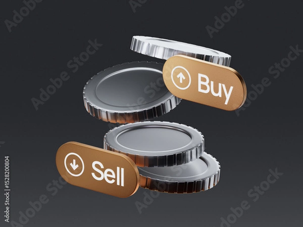 Obraz 3D illustration of metal coins with "Buy" and "Sell" buttons, representing financial trading and investment concepts.