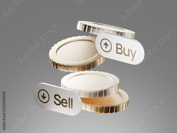 Obraz 3D illustration of metal coins with "Buy" and "Sell" buttons, representing financial trading and investment concepts.