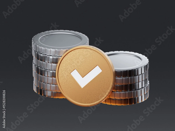 Obraz 3D render of stacked coins with a check mark symbol in front. Represents successful payment, financial approval, or confirmation in a digital interface.