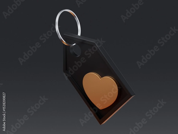 Obraz 3D render of a black product tag with a golden heart symbol. Concept for favorite item, user rating, gift tag, emotional value, or customer preference in shopping.