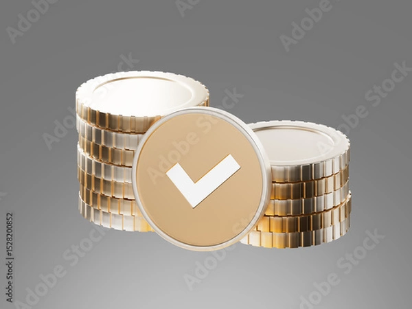Obraz 3D render of stacked coins with a check mark symbol in front. Represents successful payment, financial approval, or confirmation in a digital interface.