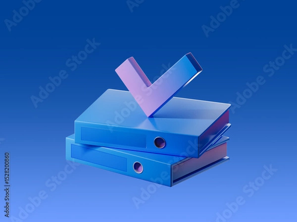Obraz 3D render of two office folders with a check mark symbol on top. Represents approved documentation, document verification, or successful record processing.