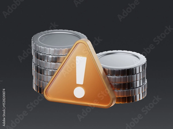 Obraz 3D render of stacked coins with an exclamation mark warning sign in front. Concept of financial alert, payment issue, or transaction error in digital systems.