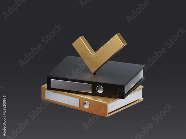 Obraz 3D render of two office folders with a check mark symbol on top. Represents approved documentation, document verification, or successful record processing.