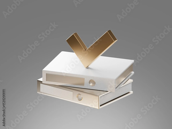 Obraz 3D render of two office folders with a check mark symbol on top. Represents approved documentation, document verification, or successful record processing.