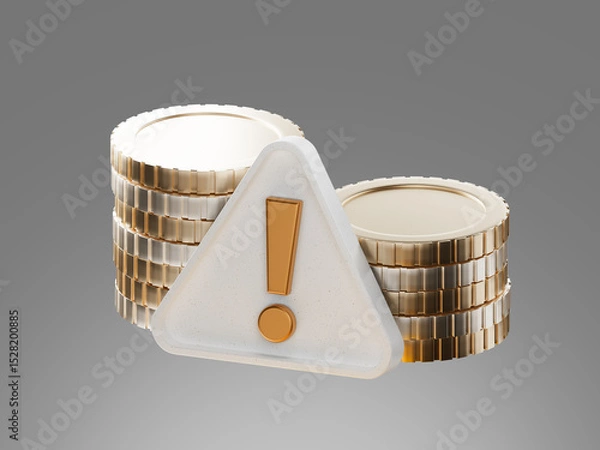 Obraz 3D render of stacked coins with an exclamation mark warning sign in front. Concept of financial alert, payment issue, or transaction error in digital systems.
