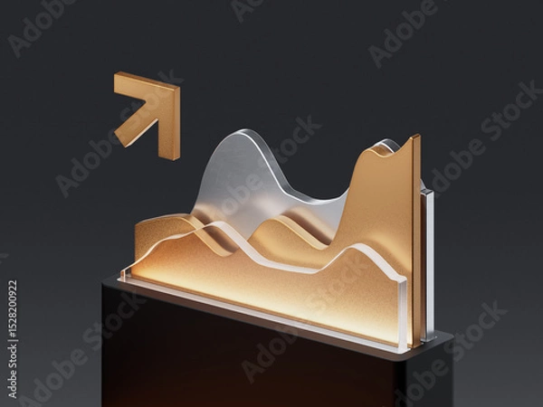 Obraz 3D render of layered analytics chart with metallic gradient surfaces and upward arrow. Concept for business growth, statistics, finance, and data trends.