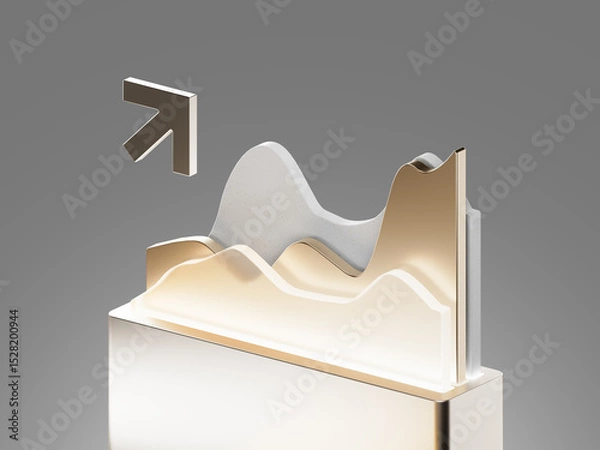 Obraz 3D render of layered analytics chart with metallic gradient surfaces and upward arrow. Concept for business growth, statistics, finance, and data trends.