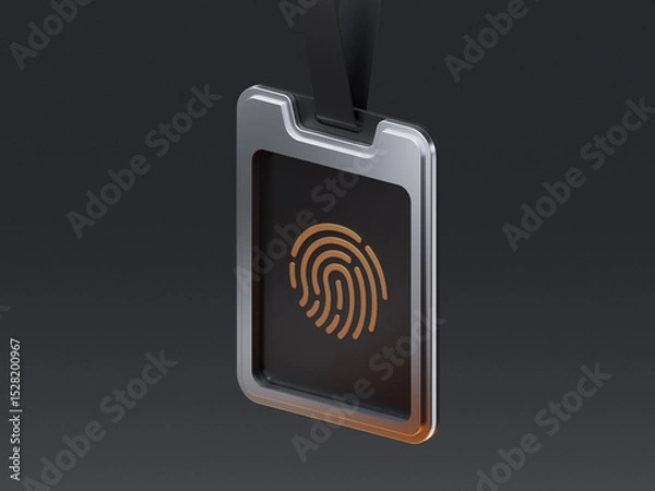 Obraz 3D render of an ID badge with fingerprint symbol. Concept for biometric security, access control, digital identity, personal data, and authentication systems.