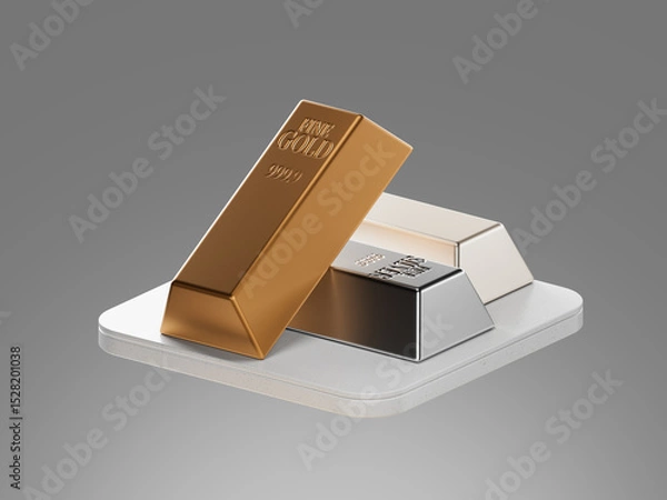 Obraz 3D render of stacked gold and silver bars on dark platform. Symbol of precious metals, wealth, financial security, investment assets, and commodity trading.
