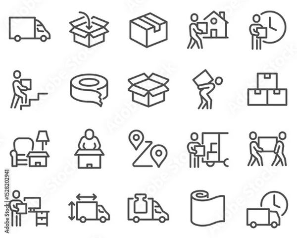Fototapeta Simple Set of Moving Service Related Vector Line Icons. Contains such Icons as Office Move, Vehicle Cargo Stats, Loaders and more.