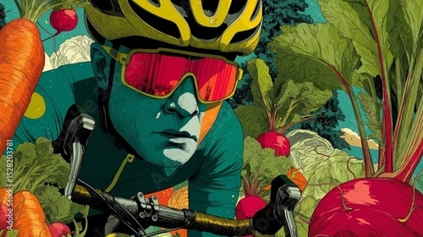 Fototapeta Illustration of a cyclist surrounded by vegetables. This image was created using AI generative technology.