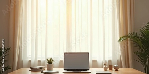 Fototapeta A home workspace set against a large window with light curtains, a laptop, and minimal decor