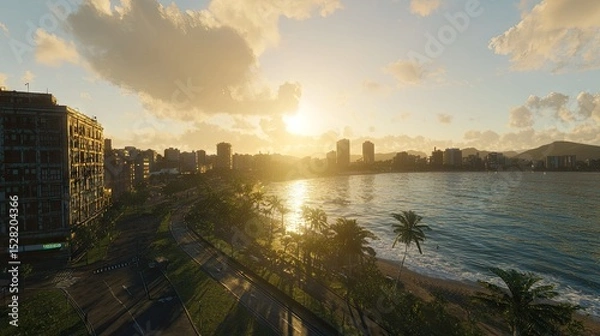 Obraz Coastal city skyline at sunset, seen from above.