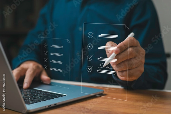 Fototapeta The Digital Document Management concept. Paperless Office Electronic Signature Electronic Signing Business Contract Signing, Online Business Contract Signing.