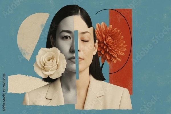 Obraz Artistic collage blending human portrait with floral and geometric shapes