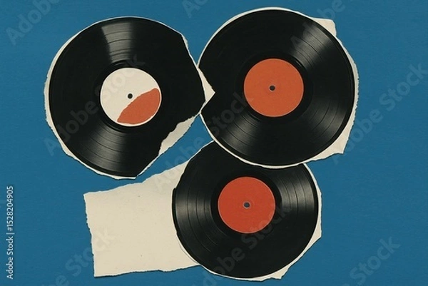 Obraz Torn vinyl records and paper scraps form a vintage collage, evoking nostalgic memories of music and past eras