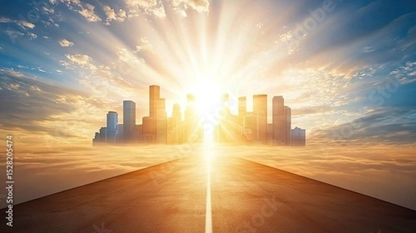 Obraz City on a cloud, illuminated by a bright sunrise.