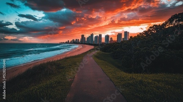 Obraz Coastal city skyline at sunset, viewed from a pathway.