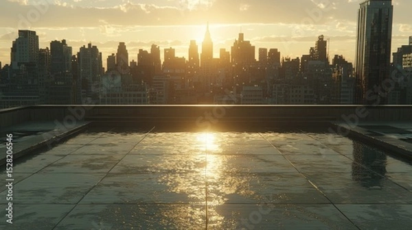 Obraz Empty rooftop patio at sunset overlooking a ruined city.
