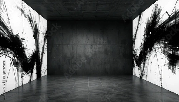 Obraz A dark room with a floor and ceiling, surrounded by an abstract black and white interior background with a concrete wall. Modern building that is simple and leaves room for a design idea