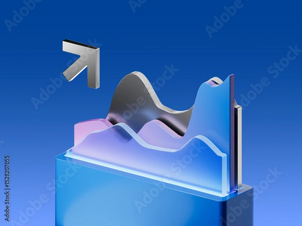 Obraz 3D render of layered analytics chart with metallic gradient surfaces and upward arrow. Concept for business growth, statistics, finance, and data trends.