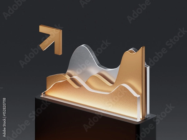 Obraz 3D render of layered analytics chart with metallic gradient surfaces and upward arrow. Concept for business growth, statistics, finance, and data trends.