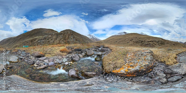 Obraz A 360 by 180 degrees equirectangular panorama of Mountain river with rocks at springtime in mountain gorge at sunny afternoon