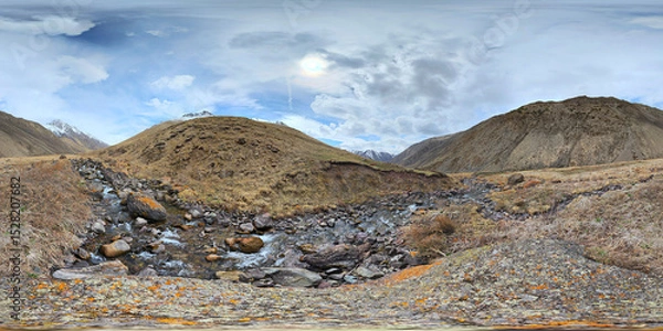 Obraz A 360 by 180 degrees equirectangular panorama Mountain Valley Riverbed with rocky river in Kyrgyzstan at spring day.