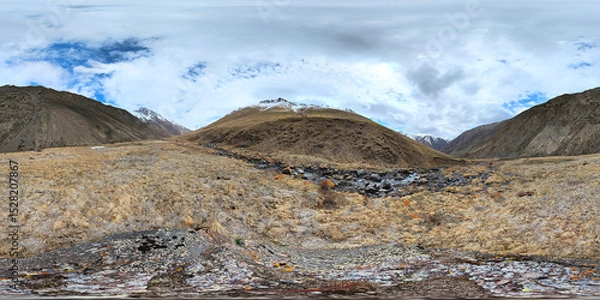 Obraz Full Spherical panorama of autumnal highland pasture on slope of the mountain at sunny afternoon in equirectangular projection