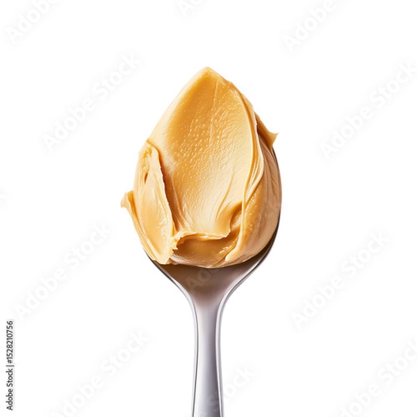 Obraz Peanut butter on spoon, close up. Thick food texture. Realistic photo for packaging design. Isolated clipart with clear even edge on transparent background