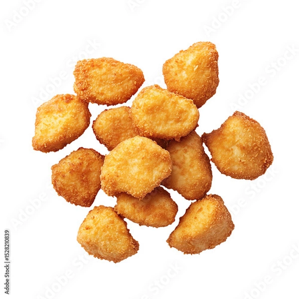 Obraz Deep fried chicken nuggets. Top view of delicious pile of classic fast food. Realistic photo for packaging design or web catalog. Isolated clipart with clear even edge on transparent background