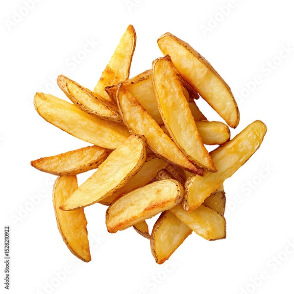Obraz Potato wedges. Top view of delicious pile of classic fast food. Realistic photo for packaging design or web catalog, soft studio light. Isolated clipart with clear even edge on transparent background