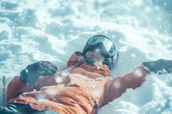 Obraz Snowboarder wearing an orange jacket, gloves and goggles lying in fresh snow while it's snowing