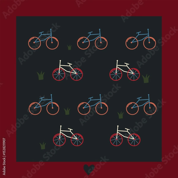 Fototapeta Seamless pattern of colorful bicycles in blue and white with red and orange wheels on dark background, accented with small green grass patches, perfect for sports and outdoor themes.