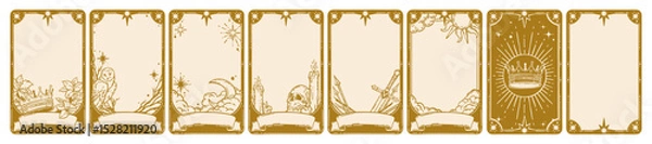 Fototapeta Tarot card doodle frame, magic fantasy game border set vector hand drawn spiritual sign occult print. Vintage astrology witchcraft deck template, reverse side design, sword, sun, moon. Tarot frame kit