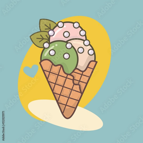 Fototapeta Colorful cartoon ice cream cone with three scoops in pink, green, and white, decorated with sprinkles and leaves, set against a bright pastel background, perfect for summer and dessert themes.