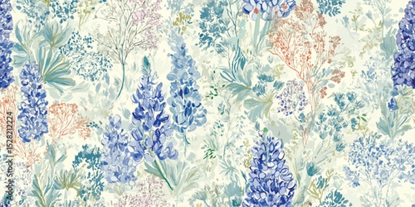 Obraz Elegant Watercolor Lupine Floral Seamless Pattern. Delicate Botanical Wildflower Nature Design trendy design, textile, packaging, fabric, wallpaper, branding, stationery, wrapping paper interior decor