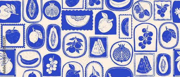 Fototapeta Summer fruit seamless pattern hand drawn tropical citrus background vintage blue mosaic floral print. Nature organic decorative tile texture, lemon, apple, grapes silhouette. Textile fruit pattern