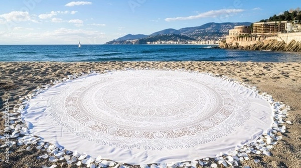 Obraz White mandala beach blanket on sandy shore.