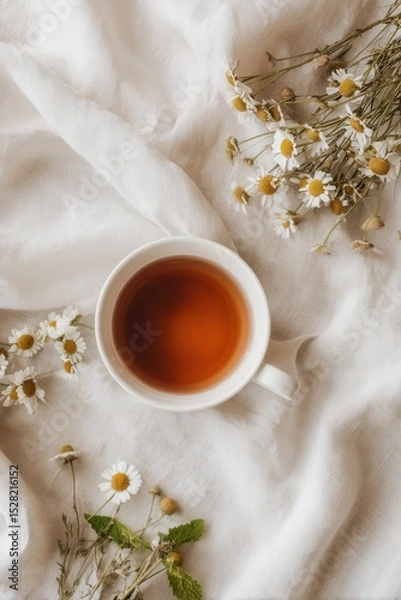 Obraz Flat Lay White Ceramic Cup Warm Herbal Tea Chamomile Mint