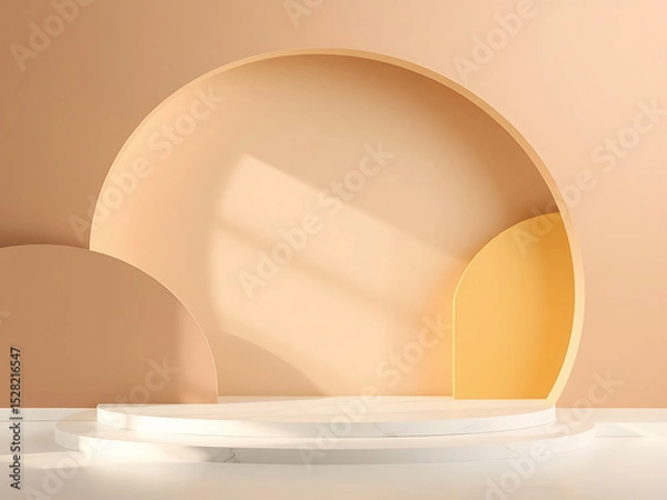 Fototapeta Elegant mockup stage with solid color blocks in warm taupe, white marble and pale yellow.