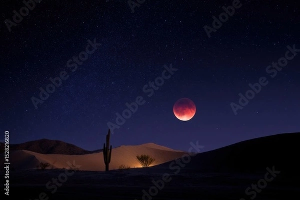 Obraz Total Lunar Eclipse Over Vast Desert with Red Moon Glow
