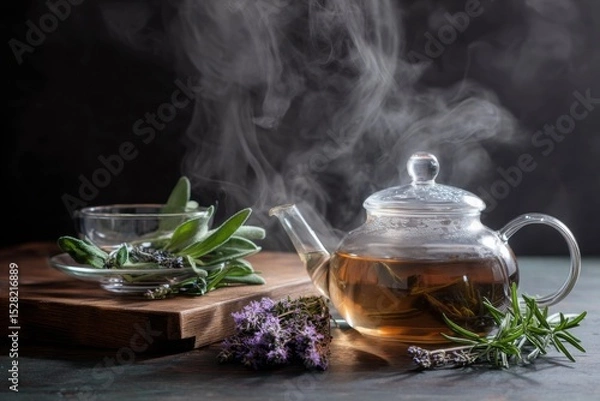 Obraz Contemporary Herbal Tea Setup with Glass Teapot and Aromatic Herbs