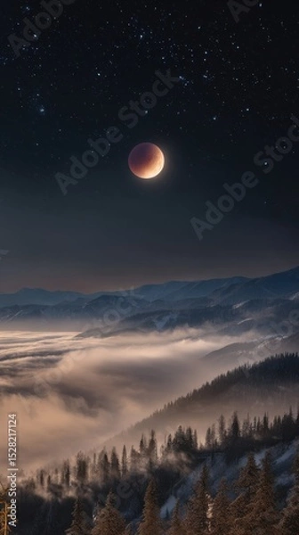 Obraz Lunar Eclipse Over Misty Mountains with Starry Sky and Fog